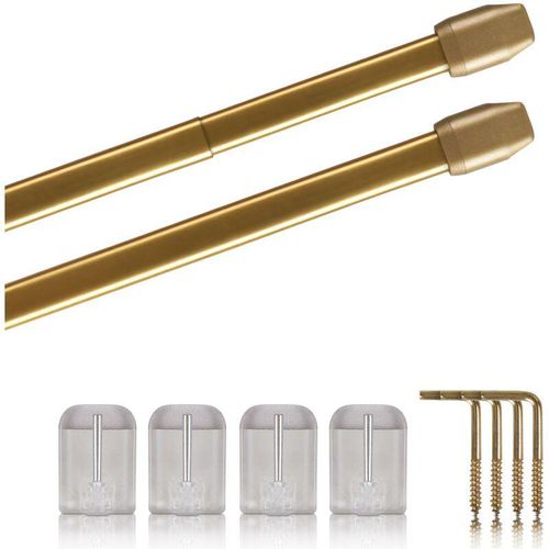 4059222215422 - Vitragestangen 2er Pack ausziehbar 2 Gardinenstangen mit Selbstklebehaken - Befestigung ohne Bohren (Farbe messing glänzend Größe 60-90cm ) - Gold