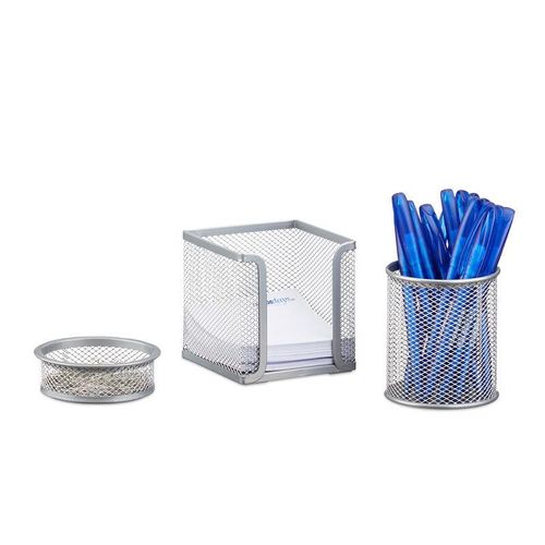 4052025953027 - Schreibtisch Organizer 3er Set Metall Schreibtisch-Set Büroset Mesh Zettelbox zwei Köcher silber - Relaxdays