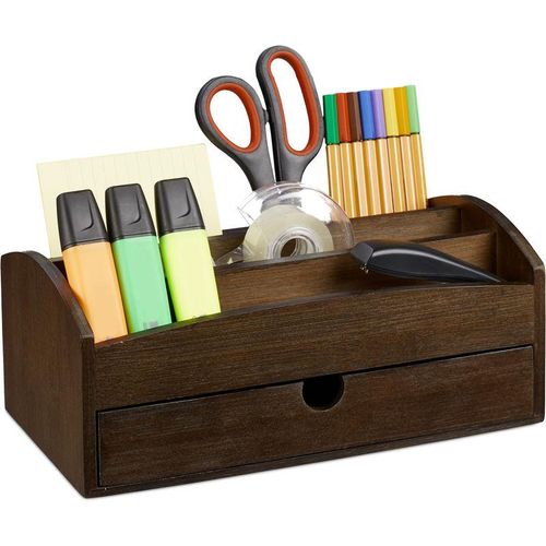 4052025232702 - Relaxdays - Schreibtisch Organizer Büroorganizer aus Bambus mit Schublade u Fächern hbt 11 x 275 x 15 cm dunkelbraun