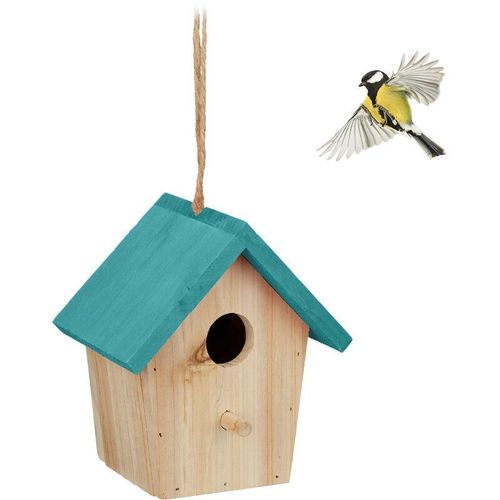 4052025459253 - Relaxdays - Deko Vogelhaus Holz Vogelhäuschen zum Aufhängen hbt 16 x 15 x 11 cm Vogelvilla Garten Balkon natur blau