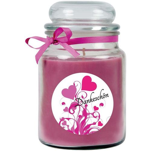 4059222279196 - Hs Candle - Dankes-Duftkerze im Bonbonglas Danke Duft Lavendel ( Lila ) 500g - Brenndauer bis zu 110 Stunden Kerze aus Glas mit Duft - Lila