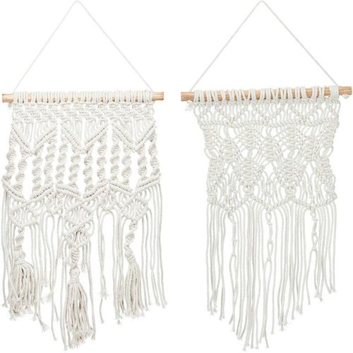 4052025398453 - Makramee Wandbehang 2er Set handgefertigt Boho Style Wanddeko 2 Muster & Größen Baumwolle & Holz creme - Relaxdays