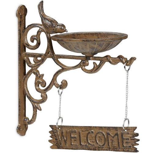 4052025263966 - Relaxdays Vogeltränke Gusseisen WELCOME Schild Gartendeko Wandmontage Futterstelle Wasserschale f Wildvögel braun