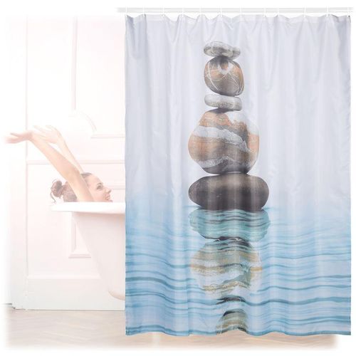 4052025226138 - Relaxdays Duschvorhang Motiv Steine auf Wasser Polyester waschbar Anti-Schimmel Badewannenvorhang 180x180 cm blau