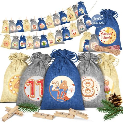 4255598315319 - KESSER® Adventskalender zum Befüllen 24 Jutebeutel Gedruckte Stoffbeutel Kinder Weihnachtskalender zum Selber Befüllen Inkl 24x Schildchen + 1 Großer Aufbewahrungsbeutel Stoff