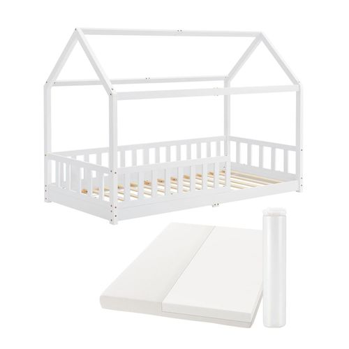 4260565527725 - Kinderbett Marli 90 x 200 cm mit Matratze Rausfallschutz Lattenrost & Dach - Massivholz Hausbett für Kinder - Bett in Weiß - Juskys