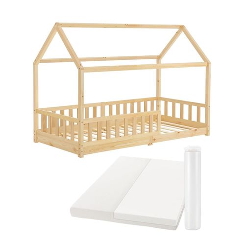 4260565527732 - Kinderbett Marli 90 x 200 cm mit Matratze Rausfallschutz Lattenrost & Dach - Massivholz Hausbett für Kinder - Bett in Natur - Juskys