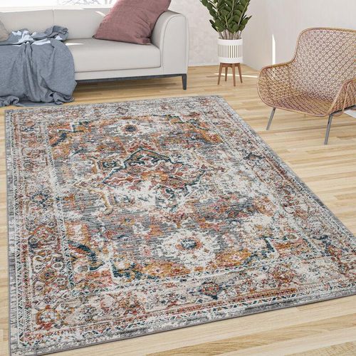 4061981159695 - Teppich Wohnzimmer Kurzflor Vintage Orient Muster Ornamente Bordüre Creme Grau Rot 60x100 cm - Paco Home