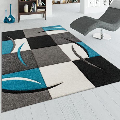 4250857520763 - Designer Teppich mit Konturenschnitt Karo Muster Türkis Grau 60x110 cm - Paco Home 4250857520763 - Designer Teppich mit Konturenschnitt Karo Muster Türkis Grau 60x110 cm - Paco Home