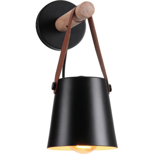 6407971260718 - Axhup - Wandleuchte aus Holz Innen Moderne Wand Lampe mit Leder Lampenschirm Eisen Wandbehang Lampe für Schlafzimmer Wohnzimmer Korridor Schwarz