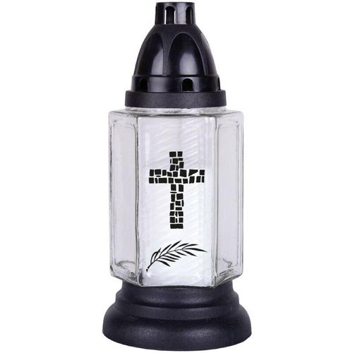 4059222255589 - Hs Candle - Grableuchte aus Glas ( 24 cm ) mit Kreuz inklusiv Kerze - Design Brava weiß - Brava Weiß