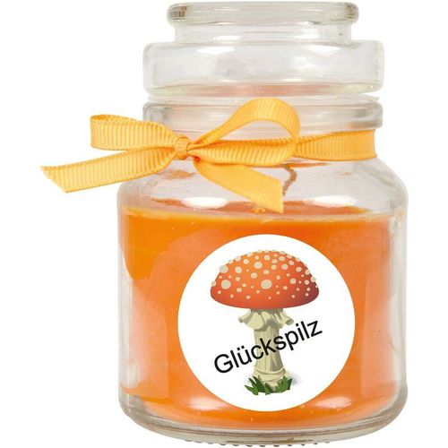 4059222279592 - Hs Candle - Duftkerze im Bonbonglas Viel Glück Duft Honigmelone ( Orange ) 120g - Brenndauer bis zu 30 Stunden Kerze aus Glas mit Duft - Orange