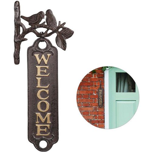 4052025290085 - Welcome Schild Vögel Antik-Design Willkommensschild für Wand Garten Gusseisen 395 cm hoch braun gold - Relaxdays