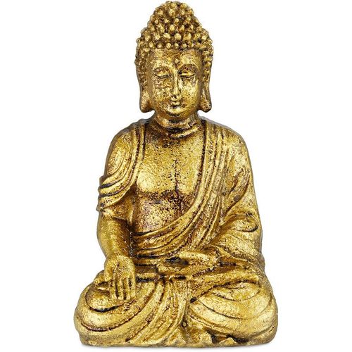 4052025356064 - Buddha Figur Garten wetterfest & frostsicher Gartenbuddha sitzend Gartenfigur HxBxT 17 x 10 x 7 cm gold - Relaxdays