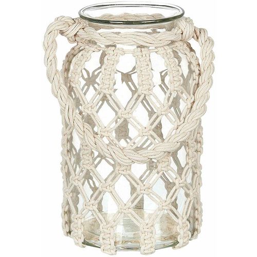 4251682286749 - Laterne Cremeweiß Glas und Baumwolle Makramee 28 cm mit Henkel Griff Deko Wohnzimmer Schlafzimmer Wohnaccessoires Dekoartikel Tischdekoration - Weiß