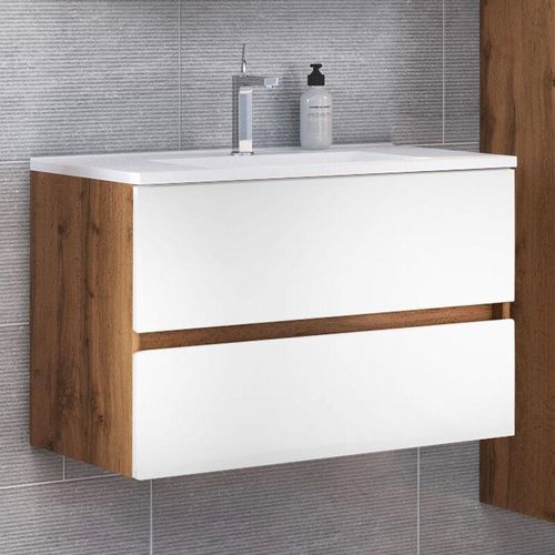 4066075000556 - Lomadox - Badezimmer Waschtisch 80 cm in Wotaneiche Nb mit matt weiß LOUROSA-03 inkl Mineralgussbecken b h t ca 80 56 47 cm - braun