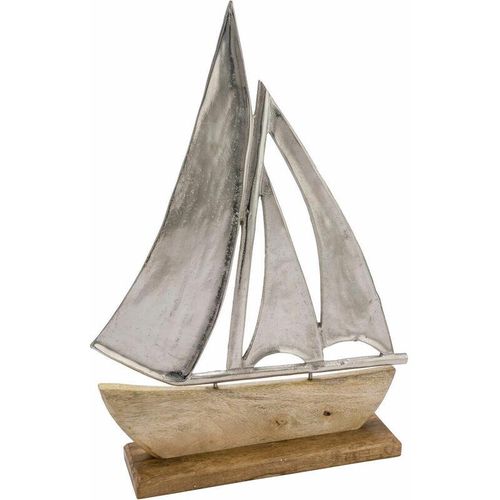 4262371533730 - Spetebo - Alu Schiff mit Standfuß aus Mangoholz - groß   40 cm - Maritimer Aufsteller Segelboot aus Metall und Holz - Küsten Deko Tisch Figur