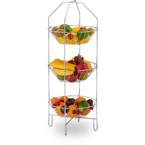 4052025300548 - Obst Etagere 3-stöckig xxl Obstkorb stehend Küche Aufbewahrung Gemüse Metall hbt 80 x 33 x 32 cm silber - Relaxdays