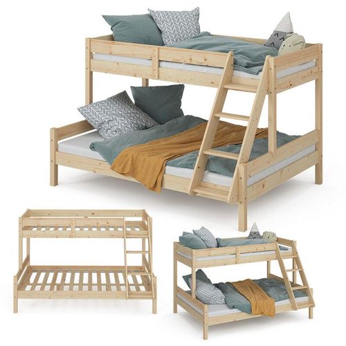 4066731227297 - Hochbett Kinderbett Spielbett Everest Natur modern 140x200 Massivholz Kinderzimmer Bett Lattenrost Bettleiter Kletterbett Doppelbett Geschwisterbett Gästebett Schubladenbett