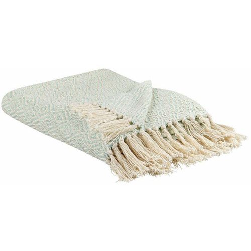 4255664802309 - Beliani - Kuscheldecke Mintgrün und Hellbeige Baumwolle 125 x 150 cm Modern mit Fransen Handgewebt Schlafzimmer Accessoire Deko Überwurf Wohndecke