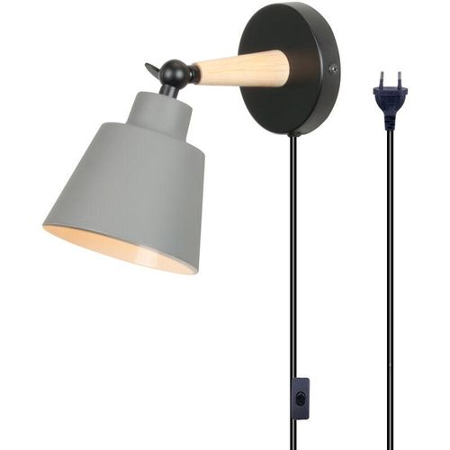 6033797020726 - Wandleuchte mit EU-Stecker Moderne Wandlampe Innen mit Lampenschirm im Metall & Holz Wandstrahler Art Licht Decor für Wohnzimmer Schlafzimmer Grau