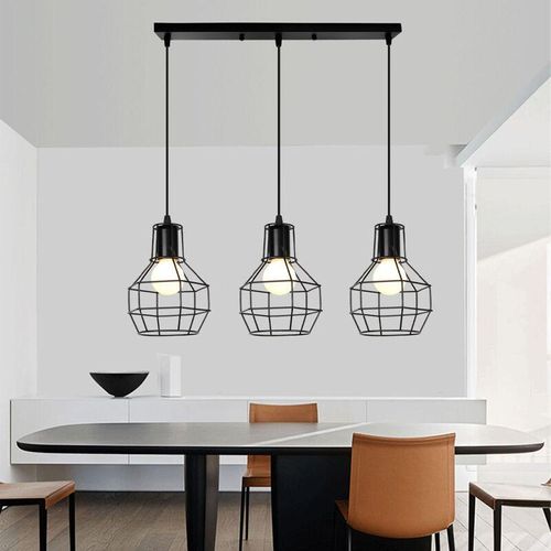 5713310876344 - Pendelleuchte Vorrichtung 3 Flammig Hängelampe im Industri Design Kronleuchter mit Drahtkäfig E27 für Esszimmer Schlafzimmer Schwarz Rechteckige Basis