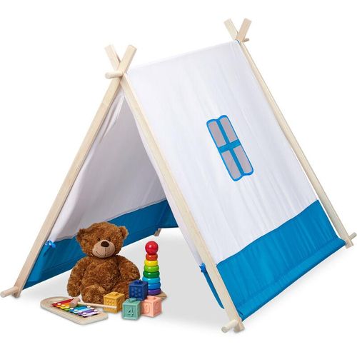 4052025423230 - Spielzelt für Kinder flach mit Fenster & Tür hbt 92 x 86 x 120 cm Wigwam Kinderzelt Indoor blau weiß - Relaxdays