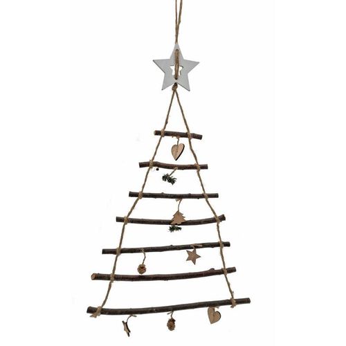 4262371530975 - Spetebo - Holz Tannenbaum aus 7 Ästen mit Zierschmuck - 70 x 40 cm - Deko Weihnachtsbaum zum Hängen - Weihnachten Advent Winter Wand Behang