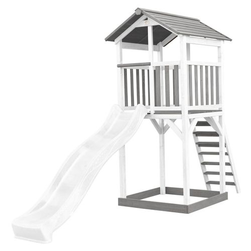 8717973936510 - Beach Tower Spielturm aus Holz in Weiß & Grau Spielhaus für Kinder mit weißer Rutsche und Sandkasten Stelzenhaus für den Garten - Weiß