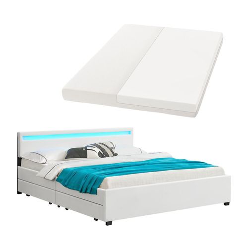 4260304766538 - Polsterbett Lyon 180 x 200 cm mit Bettkasten LED Beleuchtung Lattenrost & Matratze - Kunstleder & Holz – Bett Bettgestell Doppelbett weiß 4260304766538 - Polsterbett Lyon 180 x 200 cm mit Bettkasten LED Beleuchtung Lattenrost & Matratze - Kunstleder & Holz – Bett Bettgestell Doppelbett weiß