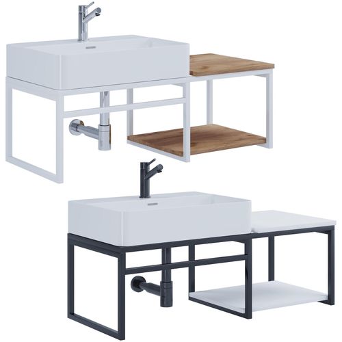 4051814438530 - 2-tlg Waschplatz Waschtisch Badmöbel Set Waschbecken Holz Metall Industrial Style Bitila 100 (Farbe Schwarz   Weiß)