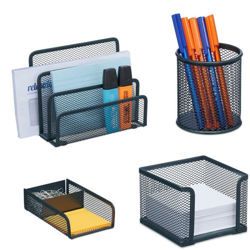 4052025445799 - Relaxdays - Schreibtisch Organizer Set 4-tlg Metall Dokumentenhalter Zettelbox Büroklammer- & Stiftehalter anthrazit