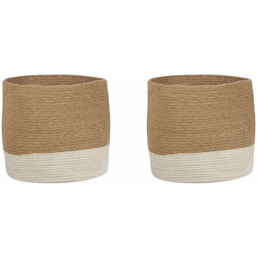 4255664804082 - Beliani - Aufbewahrungskorb 2er Set Naturfarben u Weiß Jute Baumwolle Rund Boho Stil Textilkorb für Wohnzimmer Schlafzimmer Kinderzimmer - Beige