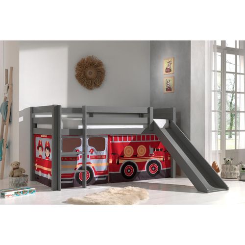 5420070236676 - VIPACK - Halbhohes Bett PINO mit Rutsche und Textilset FIRE RESCUE Ausf Kiefer massiv grau lack 5420070236676 - VIPACK - Halbhohes Bett PINO mit Rutsche und Textilset FIRE RESCUE Ausf Kiefer massiv grau lack