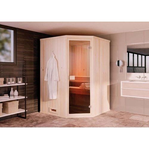 4251771214264 - Finntherm - Innensauna Corner Innensauna 1 Sitzbänke aus Holz Saunakabine mit 40 mm Wandstärke Infrarotsauna mit Montagematerial - Naturbelassen