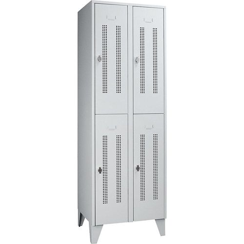 4250618239378 - Stahlspind mit Stollenfüßen Abteile halbhoch Lochblechtüren Abteilbreite 300 mm 4 Fächer lichtgrau