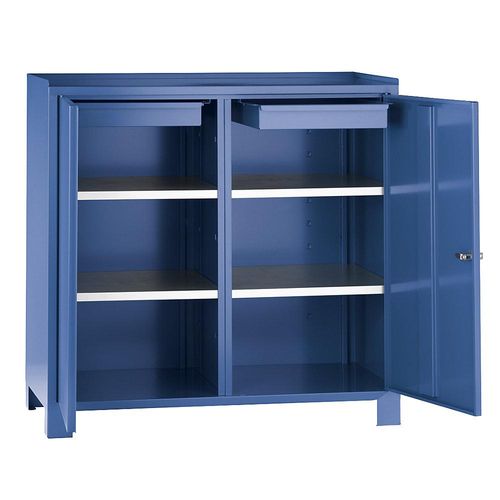 4250618214160 - Werkzeugschrank mit Füßen HxBxT 1000 x 1000 x 500 mm Trennwand je Seite 1 Schublade und 2 Fachböden brillantblau RAL 5007 Wolf 4250618214160 - Werkzeugschrank mit Füßen HxBxT 1000 x 1000 x 500 mm Trennwand je Seite 1 Schublade und 2 Fachböden brillantblau RAL 5007 Wolf