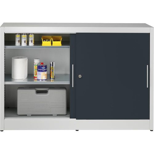 4250633399248 - eurokraft pro Schiebetürschrank Höhe 1000 mm mit Mitteltrennwand und 2 x 2 Fachböden Breite 1500 mm Tiefe 420 mm Türen anthrazitgrau RAL 7016