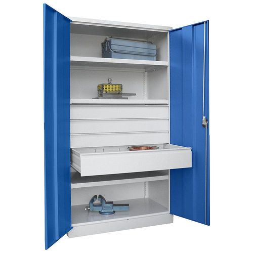 4055479663115 - Schwerlastschrank Höhe 1950 mm 3 Fachböden 4 Schubladen grau   blau