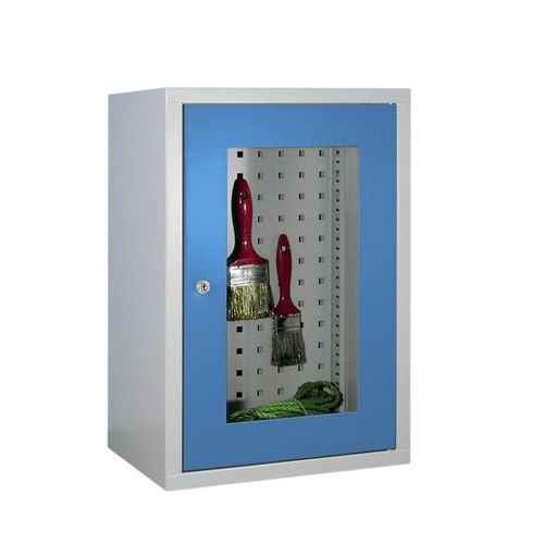 4055479142610 - Hängeschrank 1 Sichtfenstertür Rückwand gelocht 1 verstellbarer Boden Zylinderschloss BxTxH 400x300x600 mm ral 7035 5010