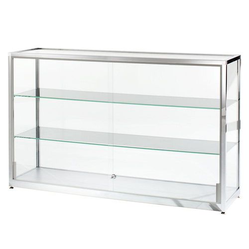 4260222860356 - Vitrine halbhoch Höhe 910 mm 2 Schiebetüren BxT 1500 x 400 mm Edelstahl-Optik kaiserkraft