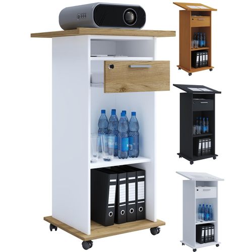 4051814432392 - Media-Board Holz Standschreibtisch ideal für Beamer oder Projektor mit Rollen Maße H 108 x B 60 x T 50 cm Pultfläche neigbar Schublade abschließbar - Neta Gr 60 weiß honig eiche B60cm H108cm T50cm Sideboards