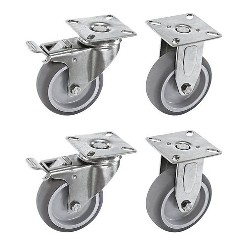 4251260104861 - Set aus thermoplastischen Gummireifen Gehäuse Edelstahl Montageplatte 2 Lenkrollen mit Stopp 2 Bockrollen Rad-Ø x Breite 50 x 19 mm Proroll