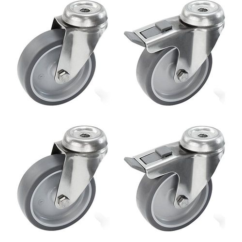 4251260105011 - Set aus thermoplastischen Gummireifen Gehäuse Edelstahl mit Rückenloch 4 Lenkrollen davon 2 mit Doppelstopp Rad-Ø x Breite 125 x 32 mm Proroll