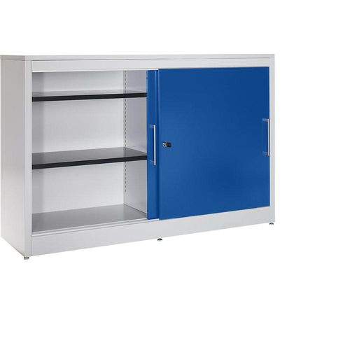 4250633303177 - mauser Schiebetürschrank Sideboard 4 Fachböden Mitteltrennwand HxBxT 1040 x 1600 x 420 mm lichtgrau   ultramarinblau