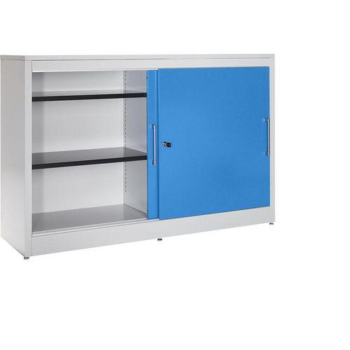4250633324677 - mauser Schiebetürschrank Sideboard 4 Fachböden Mitteltrennwand HxBxT 1040 x 1600 x 420 mm lichtgrau   lichtblau