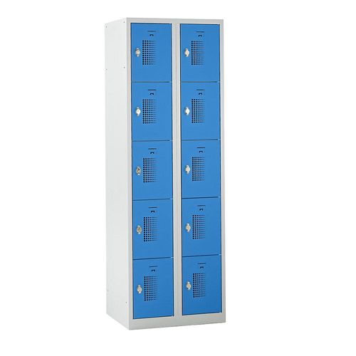 4061753004000 - eurokraft basic AMSTERDAM Schließfachschrank 2 Abteile BxH 600 x 1800 mm 10 Fächer Drehriegel für Vorhängeschloss lichtgrau lichtblau