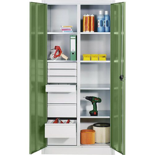 4064615116040 - Materialschrank aus Stahlblech 6 Fachböden 8 Schubladen HxBxT 1950 x 930 x 500 mm Türe resedagrün Korpus lichtgrau 4064615116040 - Materialschrank aus Stahlblech 6 Fachböden 8 Schubladen HxBxT 1950 x 930 x 500 mm Türe resedagrün Korpus lichtgrau