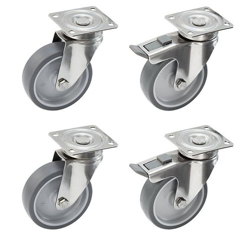 4251260104946 - Set aus thermoplastischen Gummireifen Gehäuse Edelstahl Montageplatte 4 Lenkrollen davon 2 mit Doppelstopp Rad-Ø x Breite 100 x 32 mm Proroll