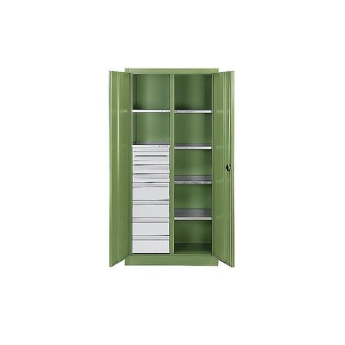 4025314756340 - Materialschrank aus Stahlblech 6 Fachböden 8 Schubladen HxBxT 1950 x 930 x 500 mm resedagrün 4025314756340 - Materialschrank aus Stahlblech 6 Fachböden 8 Schubladen HxBxT 1950 x 930 x 500 mm resedagrün